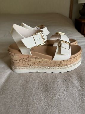 White Cork Platform Wedge Sandals with Gold Buckles